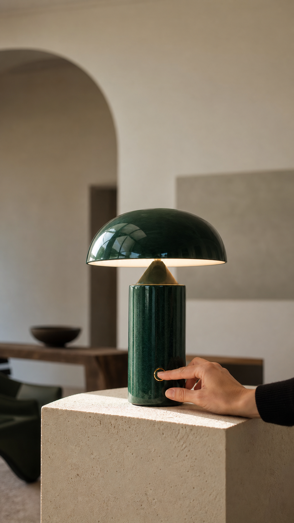 Original campaign creative featuring a green designer lamp